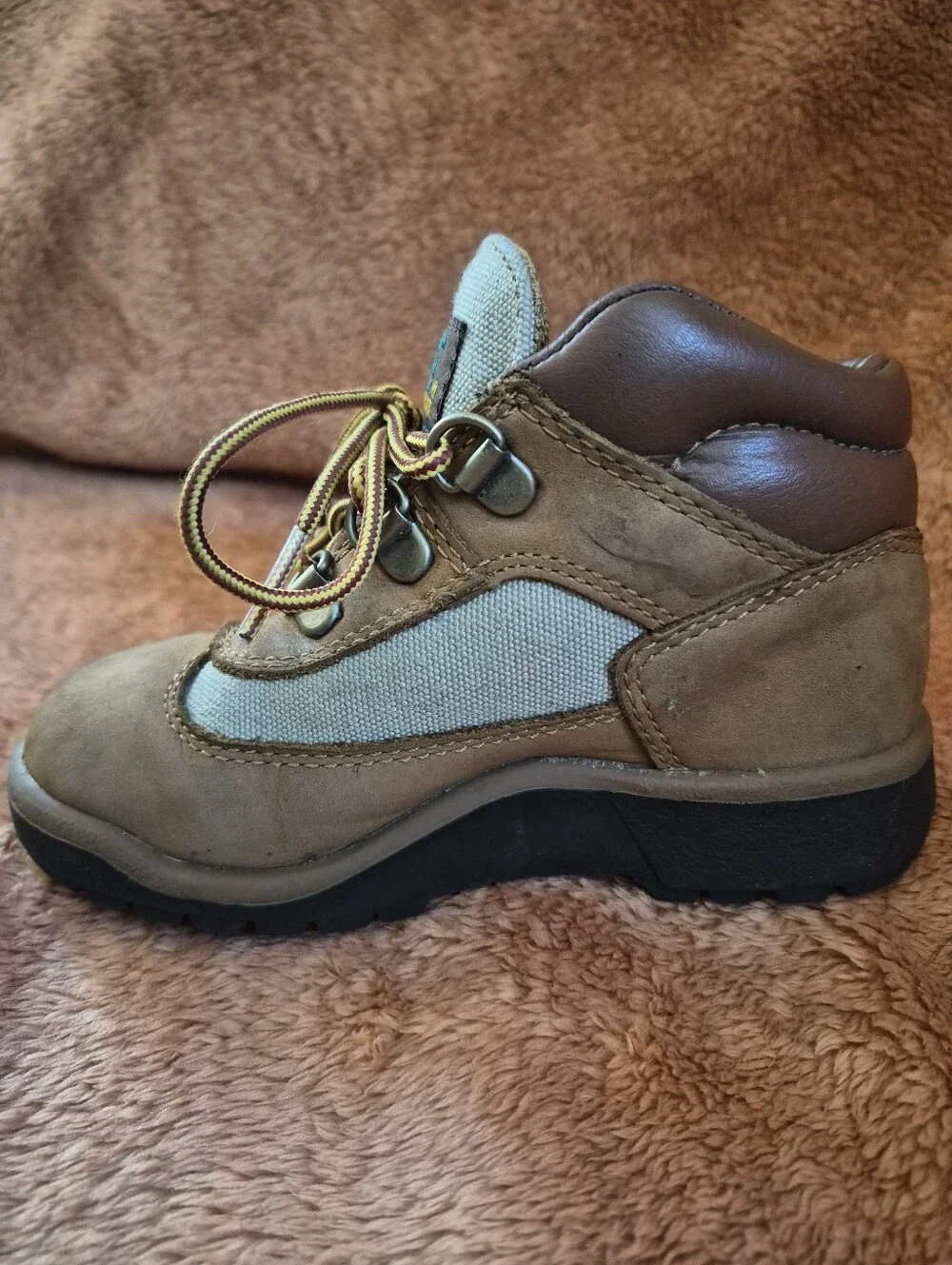 Size 10 - Timberland Kids Brown And Tan Boots With Black Rubber Soles